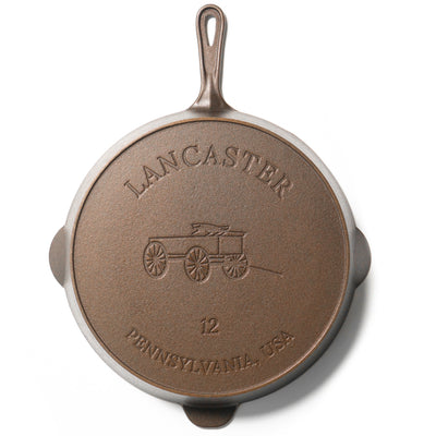 Image of the back of Lancaster Cast Iron No. 12 Skillet